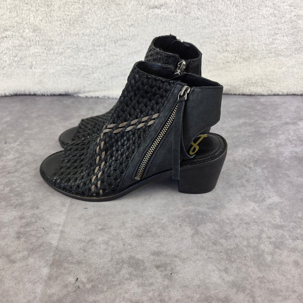 Black Leather Woven Peep Toe Ankle Booties Block Heel Womens 6